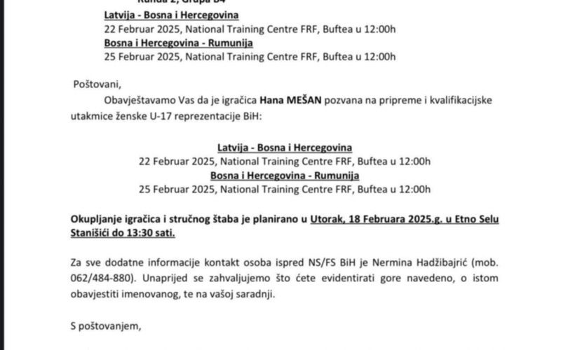 Hana Mešan dobila poziv za U-15 reprezentaciju BiH