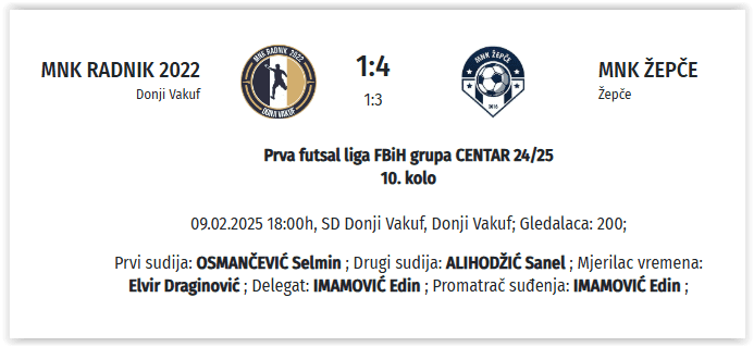 Prva futsal liga FBiH grupa CENTAR 24/25  10. kolo