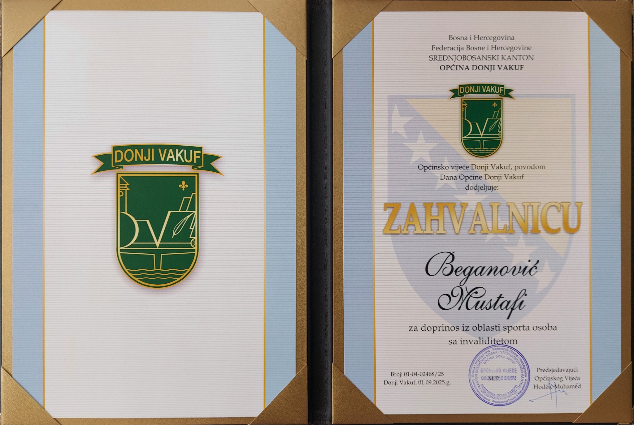 Mustafa Beganović – dobitnik Općinske Zahvalnice za doprinos iz oblasti sporta osoba sa invaliditetom