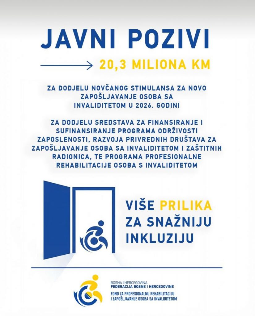 Donji Vakuf – Otvoreni javni pozivi: 20,3 miliona KM za zapošljavanje i profesionalnu rehabilitaciju osoba s invaliditetom