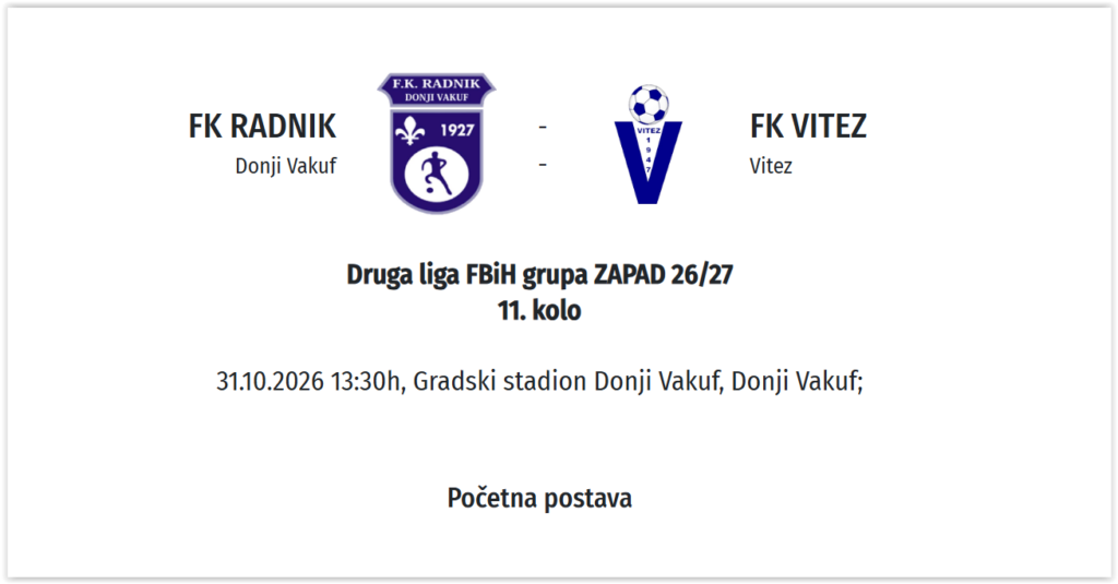 Donji Vakuf – U subotu Radnik dočekuje FK Vitez